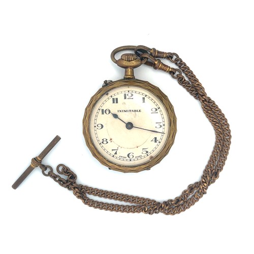 539 - Inimitable brass open-face crown wind pocket watch and chain, Swiss movement, pair of horses engrave... 