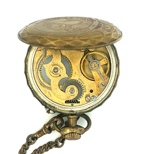 539 - Inimitable brass open-face crown wind pocket watch and chain, Swiss movement, pair of horses engrave... 