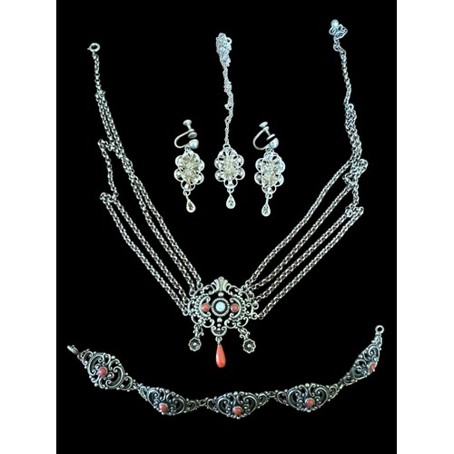 488 - 2 sets of silver (untested) jewellery, including a gemstone set multi-strand necklace and bracelet, ... 