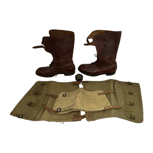 181 - WWII compass, boots & gaiters. Includes T.G. Co. Ltd London MKIII 1943 military compass (some damage... 