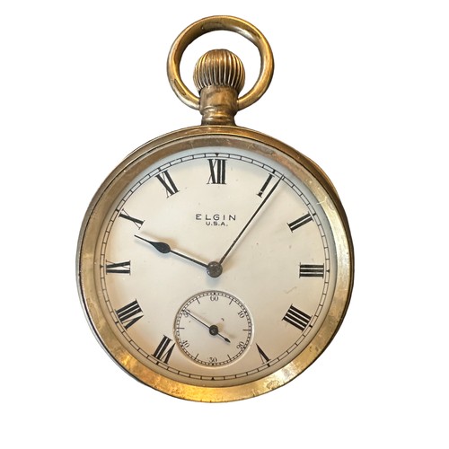 540 - An Elgin gold plated open face pocket watch, seven jewels,  no 22834151. White enamel dial, Roman nu... 