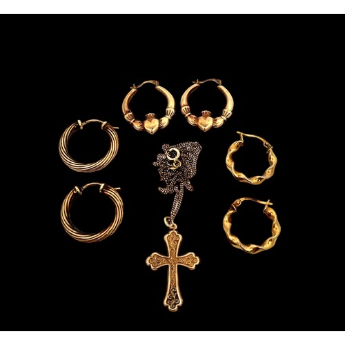 443 - A cross pendant with a chain stamped 9k and 3 pairs of gold earrings, stamped either 375 or 9kt.