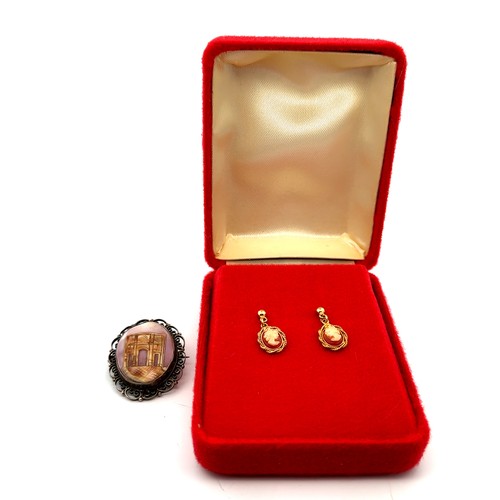 484 - 9ct gold cameo earrings, boxed and a shell cameo brooch.