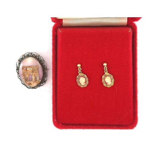 484 - 9ct gold cameo earrings, boxed and a shell cameo brooch.