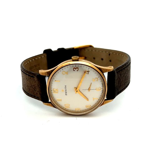 618 - A gents Zenith wristwatch wth leather strap. Inscribed on back. Watch is ticking.