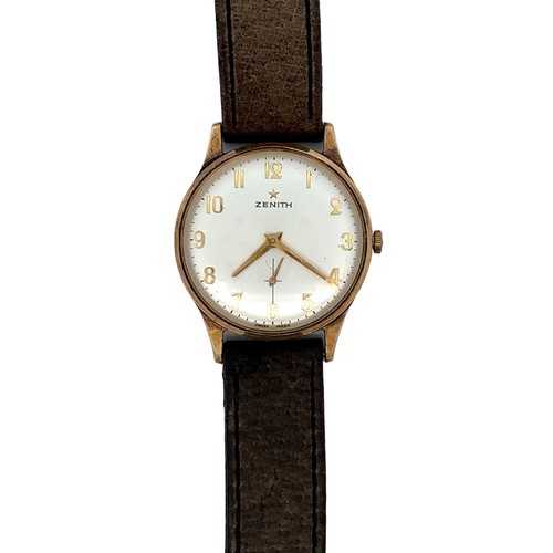 618 - A gents Zenith wristwatch wth leather strap. Inscribed on back. Watch is ticking.