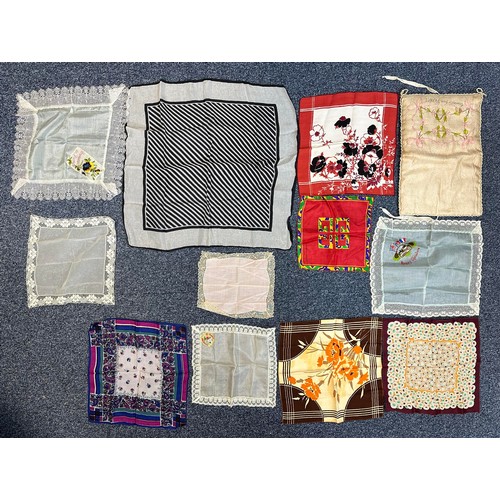 182 - A collection of eleven WWII period silk & lace handkerchiefs, some hand made, one by Givenchy etc, a... 