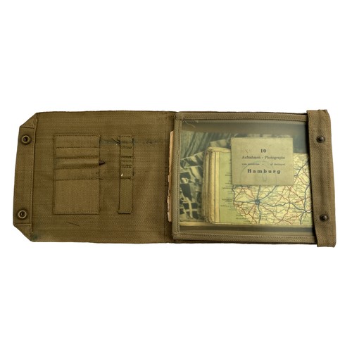 183 - WW2 British military issue map case, with map, pencil and Hamburg souvenir photographs set of 10.