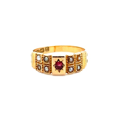 469 - Early 20th century 15ct gold ring set with a central ruby and four seed pearls on each side.  Size L... 