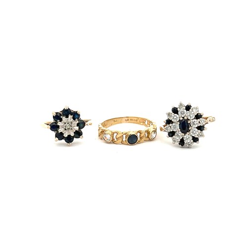 432 - Three sapphire rings, all hallmarked 9ct. Flower ring with small diamond at centre size M, 3 stone s... 