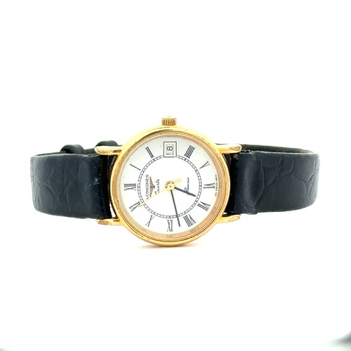 582 - Longines Quartz Presence wristwatch with black leather strap, Roman numeral hour markers and date di... 