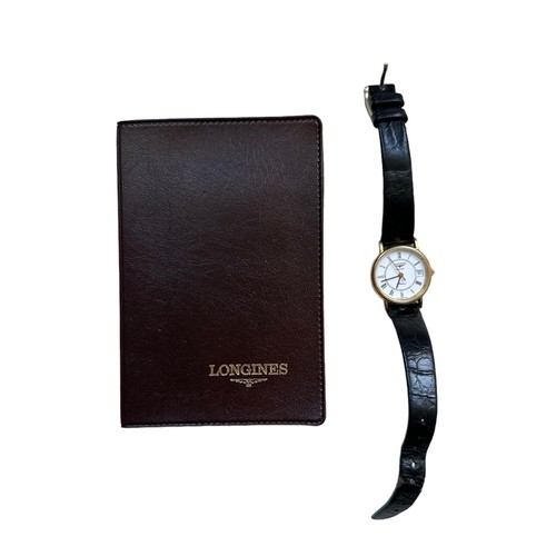 582 - Longines Quartz Presence wristwatch with black leather strap, Roman numeral hour markers and date di... 