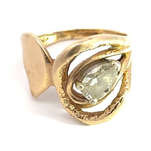 426 - Pear cut diamond ring in unmarked gold (tests as 15ct). Diamond approx 0.45ct. Weight 5g approx. Siz... 