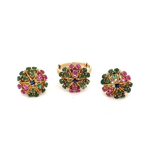 412 - Emerald, ruby and sapphire ring and matching  earrings. Ring size L/M. Weight 11g approx in total.