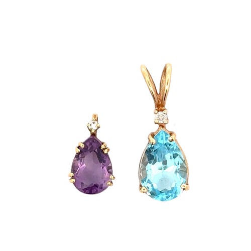 430 - 2 gemstone pendants set in umarked gold - tests as 15ct: a topaz and diamond pendant and an amethyst... 