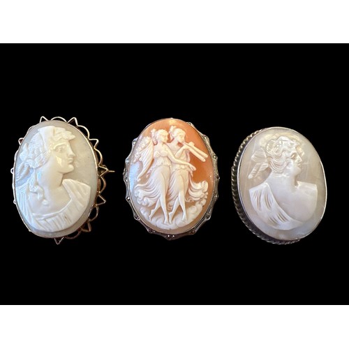 422 - Three shell cameo brooches, one with a 9ct gold mount and two with silver mounts.