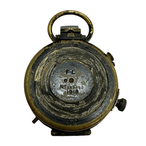 185 - A First World War (WWI) British brass marching compass 1918, painted black exterior. Reverse reads F... 