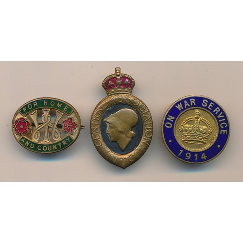 162 - Selection of three enamel badges to include; First World War (WWI) Volunteers Training Corps Central... 