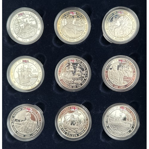 353 - 2003 to 2005 Channel Islands £5 The History of the Royal Navy set of 18 silver proofs FDC, in wooden... 