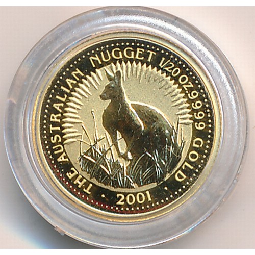 352 - Australia 2001 $5 Kangaroo gold uncirculated in plastic capsule.