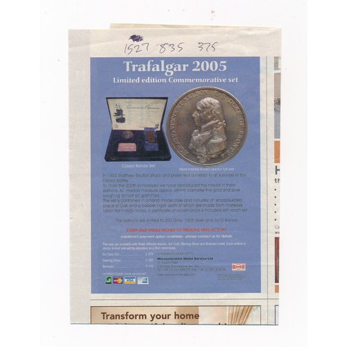 376 - 2005 Battle of Trafalgar commemorative medal with copper ingot and fragment of oak from HMS Victory,... 