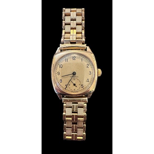 578 - Vertex 15 jewels 9ct gold watch with a rolled gold bracelet. Inscribed on reverse. Arabic numeral ho... 