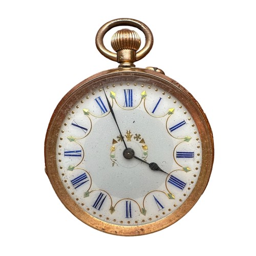 549 - A ladies pocket watch with white enamel dial,  blue Roman numeral hour markers and gilt decoration. ... 