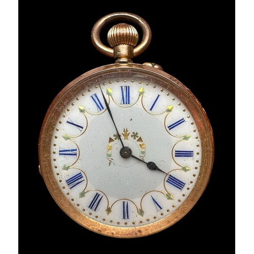 549 - A ladies pocket watch with white enamel dial,  blue Roman numeral hour markers and gilt decoration. ... 