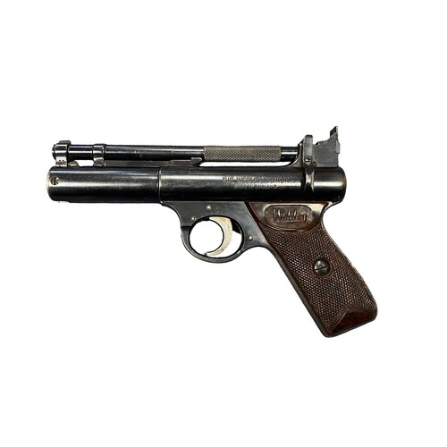 137 - Webley Senior .22 Air Pistol. Serial Number 788. Webley badge stamped on both sides of wood effect e... 