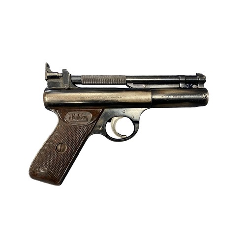 137 - Webley Senior .22 Air Pistol. Serial Number 788. Webley badge stamped on both sides of wood effect e... 