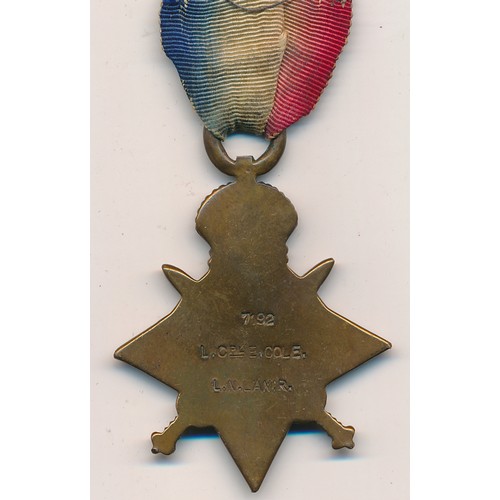 9 - First World War – Edward Cole – 1914 Star awarded to 7192 L.CPl E. COLE L.N.LAN:R. With Ribbon. With... 