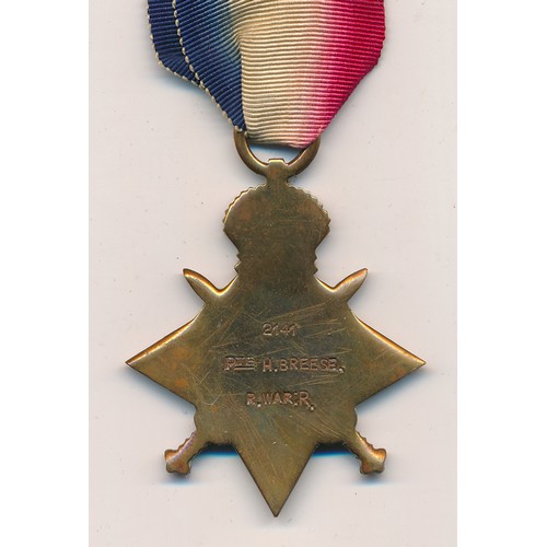10 - First World War – H Breese – 1914-15 Star awarded to 2141 PTE H.BREESE R.WAR.R. With ribbon.