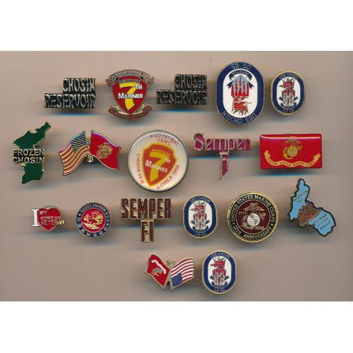 163 - Korean War Marines Badges, small enamel pin badge selection to include; USS Chosin Invictus CG 65 la... 