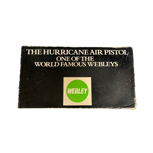 141 - Webley Hurricane .22 Air Pistol with original packaging, tin of pellets, target practice/scoring she... 