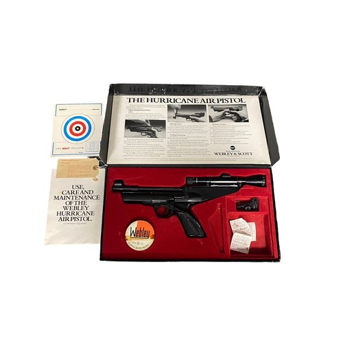 141 - Webley Hurricane .22 Air Pistol with original packaging, tin of pellets, target practice/scoring she... 