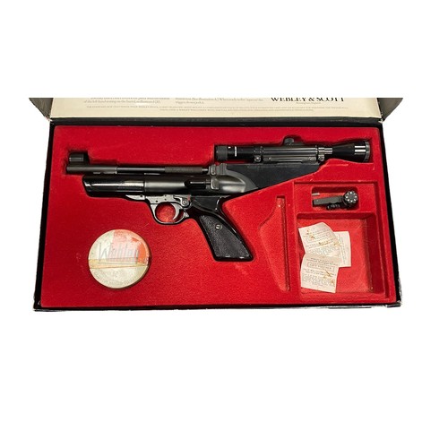 141 - Webley Hurricane .22 Air Pistol with original packaging, tin of pellets, target practice/scoring she... 