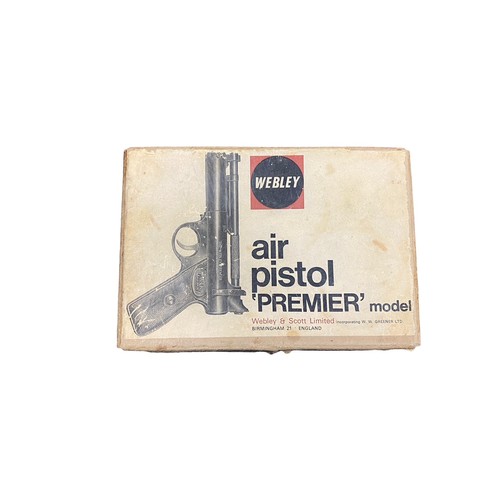 142 - Webley Premier .177 Air Pistol with original box and tin of pellets. Serial number 1726. Webley stam... 