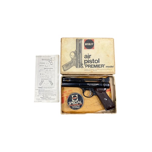 142 - Webley Premier .177 Air Pistol with original box and tin of pellets. Serial number 1726. Webley stam... 