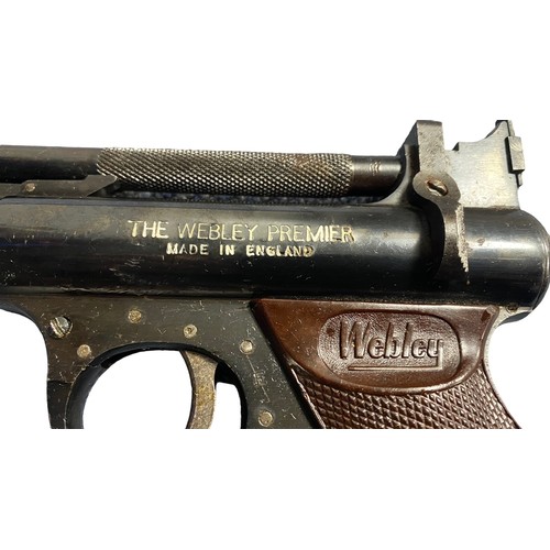 142 - Webley Premier .177 Air Pistol with original box and tin of pellets. Serial number 1726. Webley stam... 