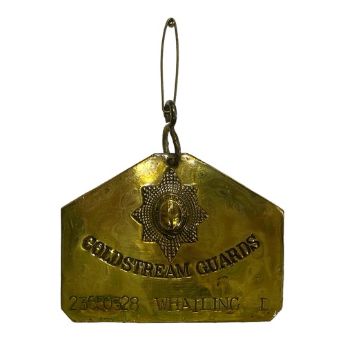 190 - Coldstream Guards brass bed plate, front reads ‘Coldstream Guards 23650328 WHAILING D’