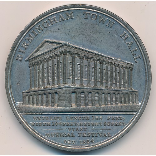 378 - 1834 Birmingham Town Hall Music Festival 48mm white metal medal, obv: side view of town hall, rev: i... 