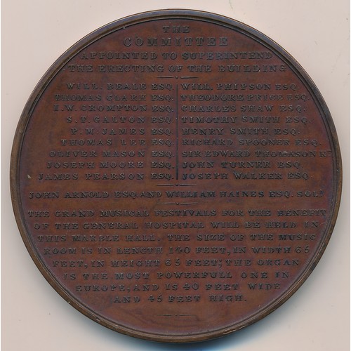 379 - 1834 Birmingham Town Hall 73mm copper medal, obv: side vie of town hall, rev: 