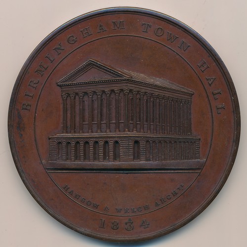 379 - 1834 Birmingham Town Hall 73mm copper medal, obv: side vie of town hall, rev: 