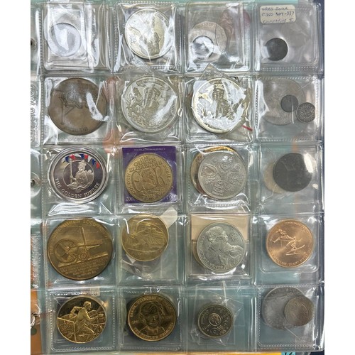 381 - Collection of commemorative medals, coins and tokens in an album, in very mixed condition, mainly 20... 