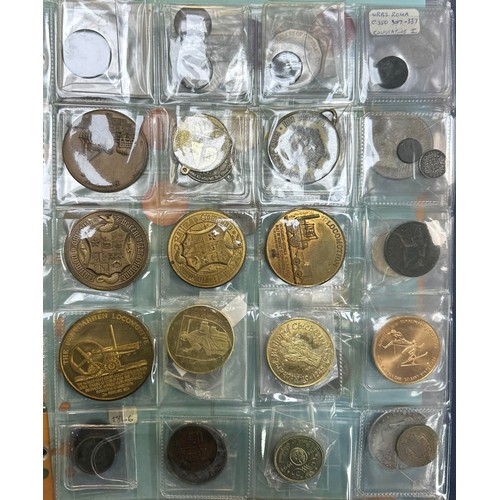 381 - Collection of commemorative medals, coins and tokens in an album, in very mixed condition, mainly 20... 