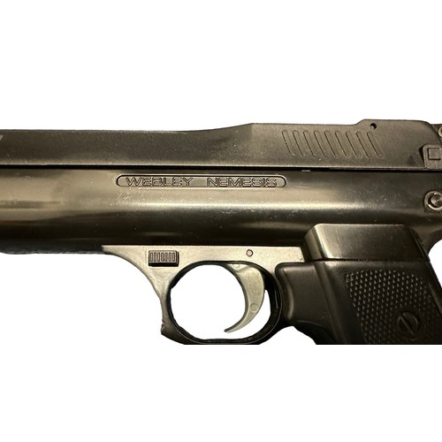 150 - 2x Webley Nemesis .22 Air Pistols, with Flambeau hard case. Black embossed chequered grip with gold ... 