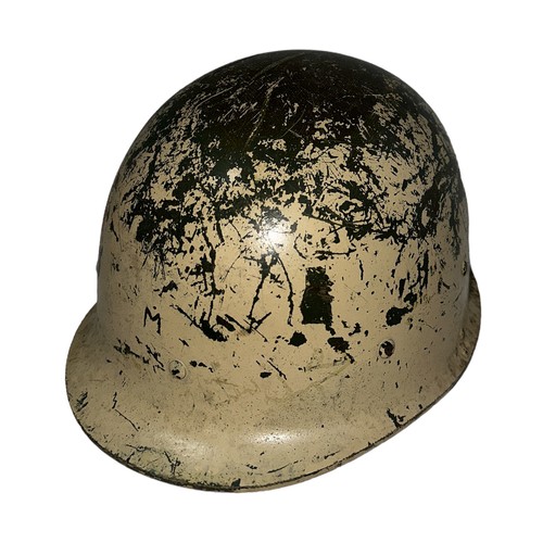 203 - A Gulf War Iraqi M80 helmet, compressed fibre, dark green colour painted in desert tan, with liner a... 