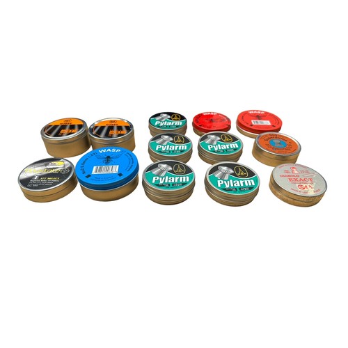 156 - 13 empty Air Gun pellet tins.
5x Pylarm .25, 1x Wasp no2 .22, 2x Wasp no1 .177, 2x RWS Hobby sport l... 