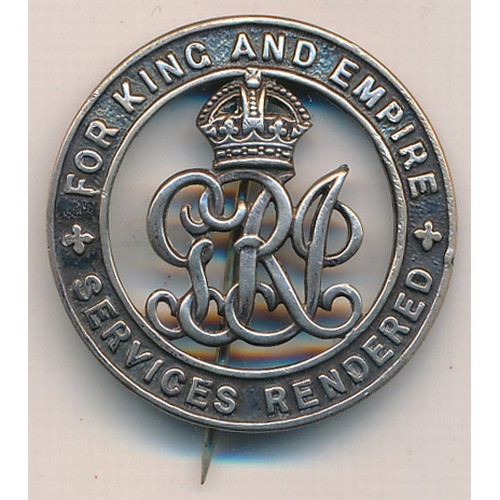 171 - First World War British silver War badge, ‘For King and Empire – Services Rendered’. Pin fitting int... 