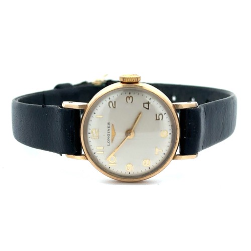 638 - A boxed Longines self-winding ladies watch with a black leather strap and Arabic numeral hour marker... 